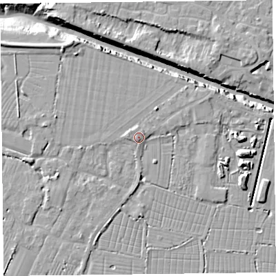 Shaded relief map of the ground around TA93DB, computed from Environment Agency LiDAR. The ground here sits at about 7 m above sea level and falls 11 m across the surrounding 800 m. Surface water reaching this point runs off ground lying to the west, 1.7 m higher.
