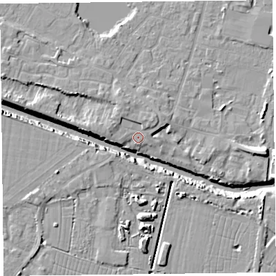 Shaded relief map of the ground around TA93DD, computed from Environment Agency LiDAR. The ground here sits at about 6 m above sea level and falls 12 m across the surrounding 800 m. Surface water reaching this point runs off ground lying to the north-north-west, 2.9 m higher.