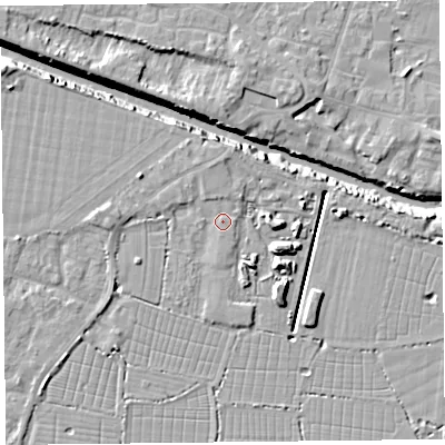 Shaded relief map of the ground around TA93DE, computed from Environment Agency LiDAR. The ground here sits at about 6 m above sea level and falls 10 m across the surrounding 800 m. Surface water reaching this point runs off ground lying to the north, 1.5 m higher.