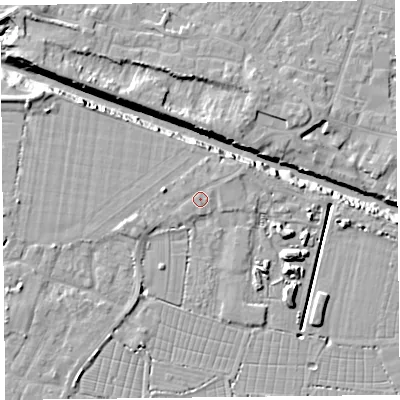 Shaded relief map of the ground around TA93DF, computed from Environment Agency LiDAR. The ground here sits at about 7 m above sea level and falls 11 m across the surrounding 800 m. Surface water reaching this point runs off ground lying to the east-north-east, 0.9 m higher.