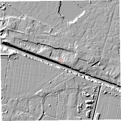 Shaded relief map of the ground around TA93DH, computed from Environment Agency LiDAR. The ground here sits at about 7 m above sea level and falls 11 m across the surrounding 800 m. Surface water reaching this point runs off ground lying to the south-west, 3.1 m higher.