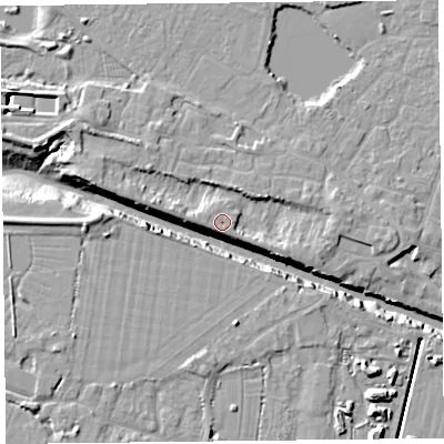 Shaded relief map of the ground around TA93DJ, computed from Environment Agency LiDAR. The ground here sits at about 8 m above sea level and falls 11 m across the surrounding 800 m. Surface water reaching this point runs off ground lying to the east-south-east, 3.8 m higher.