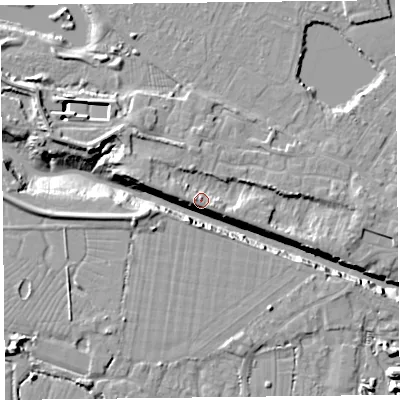Shaded relief map of the ground around TA93DL, computed from Environment Agency LiDAR. The ground here sits at about 8 m above sea level and falls 11 m across the surrounding 800 m. Surface water reaching this point runs off ground lying to the east-south-east, 3.9 m higher.
