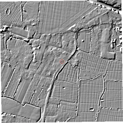 Shaded relief map of the ground around TA93DN, computed from Environment Agency LiDAR. The ground here sits at about 6 m above sea level and falls 10 m across the surrounding 800 m. Surface water reaching this point runs off ground lying to the west, 1.2 m higher.
