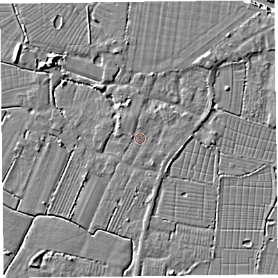Shaded relief map of the ground around TA93DP, computed from Environment Agency LiDAR. The ground here sits at about 6 m above sea level and falls 10 m across the surrounding 800 m. Surface water reaching this point runs off ground lying to the west-north-west, 0.9 m higher.