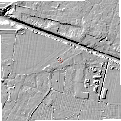 Shaded relief map of the ground around TA93DQ, computed from Environment Agency LiDAR. The ground here sits at about 7 m above sea level and falls 11 m across the surrounding 800 m. Surface water reaching this point runs off ground lying to the north-west, 1.4 m higher.