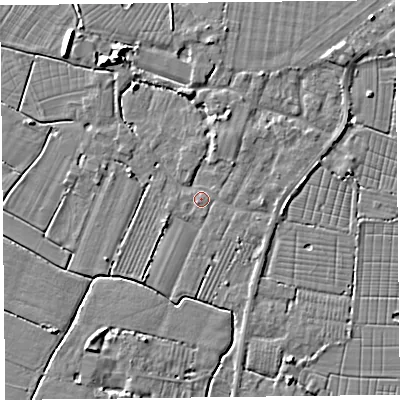 Shaded relief map of the ground around TA93DR, computed from Environment Agency LiDAR. The ground here sits at about 6 m above sea level and falls 7 m across the surrounding 800 m. Surface water reaching this point runs off ground lying to the north-north-west, 5.5 m higher.