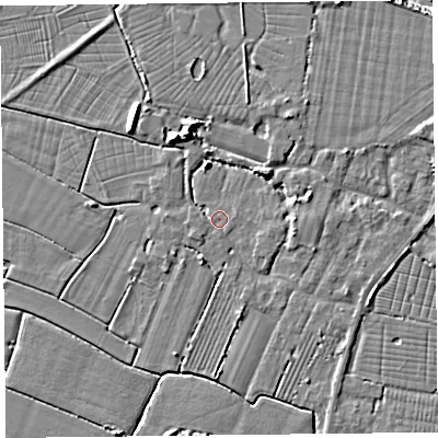 Shaded relief map of the ground around TA93DS, computed from Environment Agency LiDAR. The ground here sits at about 6 m above sea level and falls 11 m across the surrounding 800 m. Surface water reaching this point runs off ground lying to the north-north-west, 5.5 m higher.