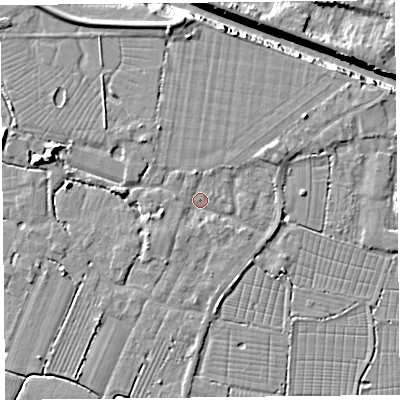 Shaded relief map of the ground around TA93DT, computed from Environment Agency LiDAR. The ground here sits at about 6 m above sea level and falls 11 m across the surrounding 800 m. Surface water reaching this point runs off ground lying to the north-east, 2.3 m higher.