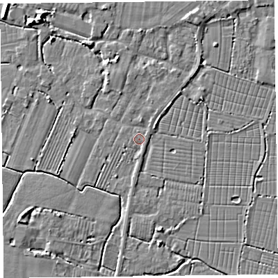 Shaded relief map of the ground around TA93DW, computed from Environment Agency LiDAR. The ground here sits at about 6 m above sea level and falls 7 m across the surrounding 800 m. Surface water reaching this point runs off ground lying to the south, 1.0 m higher.