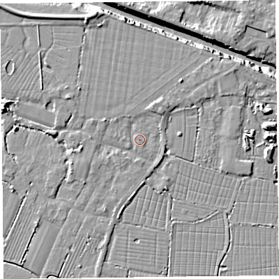 Shaded relief map of the ground around TA93DX, computed from Environment Agency LiDAR. The ground here sits at about 6 m above sea level and falls 11 m across the surrounding 800 m. Surface water reaching this point runs off ground lying to the north-north-east, 2.1 m higher.