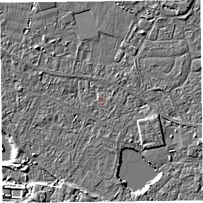 Shaded relief map of the ground around TA93EA, computed from Environment Agency LiDAR. The ground here sits at about 5 m above sea level and falls 6 m across the surrounding 800 m. Surface water reaching this point runs off ground lying to the south, 1.8 m higher.