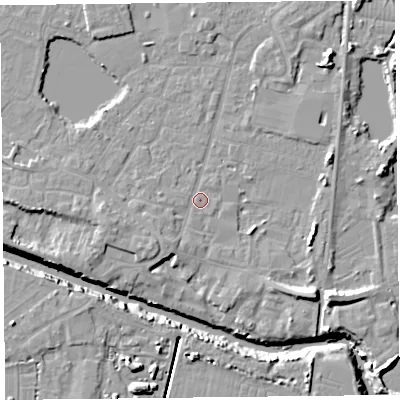 Shaded relief map of the ground around TA93EB, computed from Environment Agency LiDAR. The ground here sits at about 5 m above sea level and falls 12 m across the surrounding 800 m. Surface water reaching this point runs off ground lying to the south-west, 2.4 m higher.