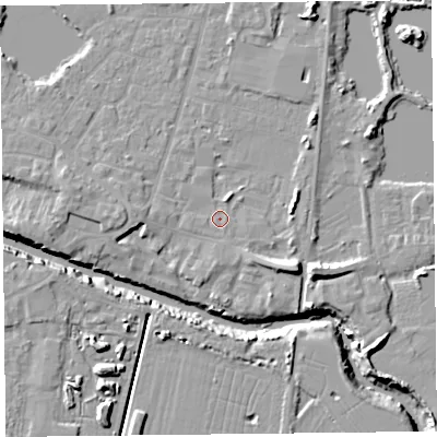 Shaded relief map of the ground around TA93ED, computed from Environment Agency LiDAR. The ground here sits at about 5 m above sea level and falls 12 m across the surrounding 800 m. Surface water reaching this point runs off ground lying to the east-south-east, 6.8 m higher.