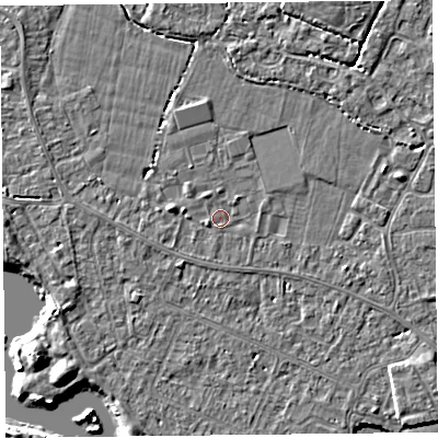 Shaded relief map of the ground around TA93EE, computed from Environment Agency LiDAR. The ground here sits at about 5 m above sea level and falls 6 m across the surrounding 800 m. Surface water reaching this point runs off ground lying to the west, 1.4 m higher.