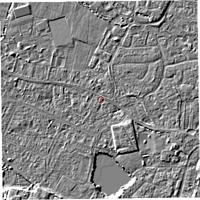 Shaded relief map of the ground around TA93EF, computed from Environment Agency LiDAR. The ground here sits at about 5 m above sea level and falls 5 m across the surrounding 800 m. Surface water reaching this point runs off ground lying to the south-east, 2.2 m higher.