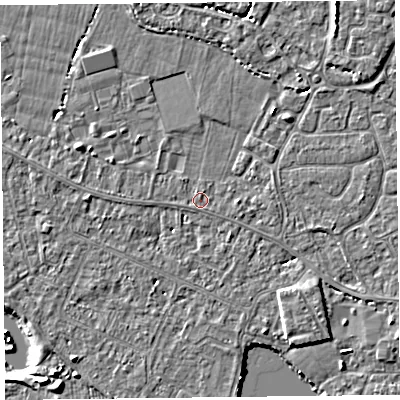 Shaded relief map of the ground around TA93EG, computed from Environment Agency LiDAR. The ground here sits at about 5 m above sea level and falls 5 m across the surrounding 800 m. Surface water reaching this point runs off ground lying to the east-south-east, 0.7 m higher.