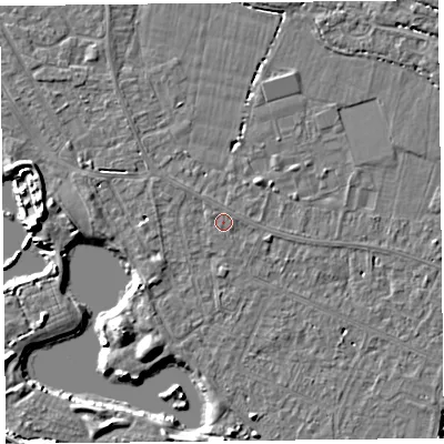 Shaded relief map of the ground around TA93EH, computed from Environment Agency LiDAR. The ground here sits at about 6 m above sea level and falls 6 m across the surrounding 800 m. The ground contributing surface water to this point lies to the north-north-west.