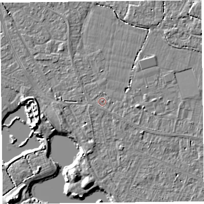 Shaded relief map of the ground around TA93EJ, computed from Environment Agency LiDAR. The ground here sits at about 6 m above sea level and falls 6 m across the surrounding 800 m. Surface water reaching this point runs off ground lying to the south, 0.7 m higher.