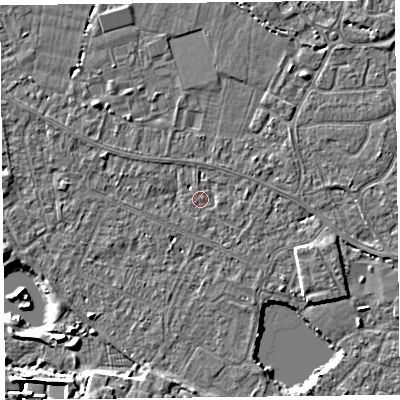 Shaded relief map of the ground around TA93EN, computed from Environment Agency LiDAR. The ground here sits at about 5 m above sea level and falls 7 m across the surrounding 800 m. Surface water reaching this point runs off ground lying to the west, 1.6 m higher.