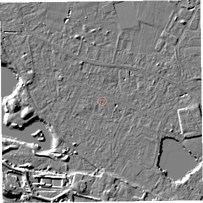 Shaded relief map of the ground around TA93EP, computed from Environment Agency LiDAR. The ground here sits at about 5 m above sea level and falls 11 m across the surrounding 800 m. Surface water reaching this point runs off ground lying to the south-south-west, 2.1 m higher.
