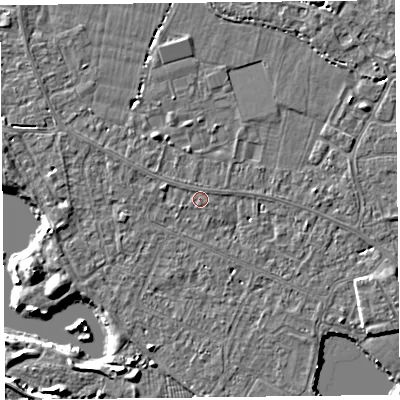 Shaded relief map of the ground around TA93EQ, computed from Environment Agency LiDAR. The ground here sits at about 6 m above sea level and falls 6 m across the surrounding 800 m. The ground contributing surface water to this point lies to the west-south-west.