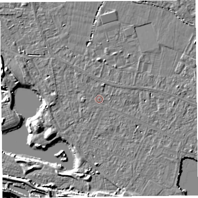 Shaded relief map of the ground around TA93ER, computed from Environment Agency LiDAR. The ground here sits at about 5 m above sea level and falls 9 m across the surrounding 800 m. Surface water reaching this point runs off ground lying to the south-south-east, 2.3 m higher.