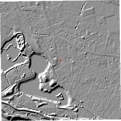 Shaded relief map of the ground around TA93ES, computed from Environment Agency LiDAR. The ground here sits at about 5 m above sea level and falls 11 m across the surrounding 800 m. Surface water reaching this point runs off ground lying to the south-west, 1.4 m higher.