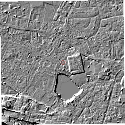 Shaded relief map of the ground around TA93ET, computed from Environment Agency LiDAR. The ground here sits at about 5 m above sea level and falls 9 m across the surrounding 800 m. Surface water reaching this point runs off ground lying to the south, 3.9 m higher.