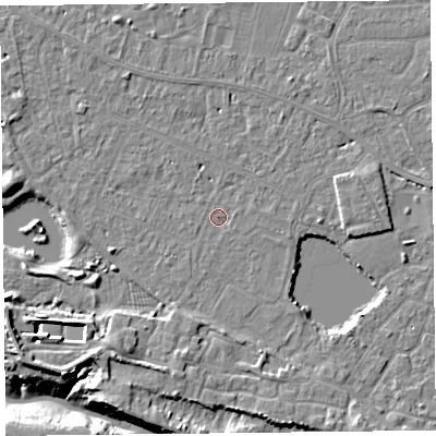 Shaded relief map of the ground around TA93EU, computed from Environment Agency LiDAR. The ground here sits at about 5 m above sea level and falls 11 m across the surrounding 800 m. Surface water reaching this point runs off ground lying to the south-south-east, 3.2 m higher.