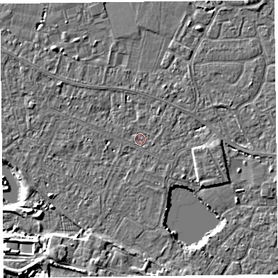 Shaded relief map of the ground around TA93EW, computed from Environment Agency LiDAR. The ground here sits at about 5 m above sea level and falls 8 m across the surrounding 800 m. Surface water reaching this point runs off ground lying to the south-south-west, 3.3 m higher.