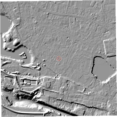 Shaded relief map of the ground around TA93EX, computed from Environment Agency LiDAR. The ground here sits at about 5 m above sea level and falls 11 m across the surrounding 800 m. Surface water reaching this point runs off ground lying to the south-south-east, 3.6 m higher.