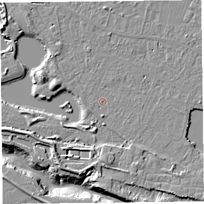 Shaded relief map of the ground around TA93EY, computed from Environment Agency LiDAR. The ground here sits at about 5 m above sea level and falls 11 m across the surrounding 800 m. Surface water reaching this point runs off ground lying to the south-east, 3.6 m higher.