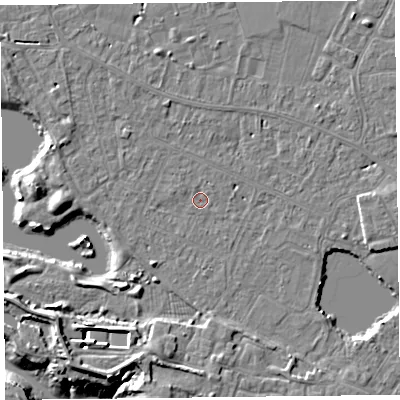 Shaded relief map of the ground around TA93EZ, computed from Environment Agency LiDAR. The ground here sits at about 5 m above sea level and falls 11 m across the surrounding 800 m. Surface water reaching this point runs off ground lying to the south, 3.6 m higher.