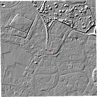 Shaded relief map of the ground around TA93FB, computed from Environment Agency LiDAR. The ground here sits at about 6 m above sea level and falls 5 m across the surrounding 800 m. Surface water reaching this point runs off ground lying to the south-east, 2.0 m higher.