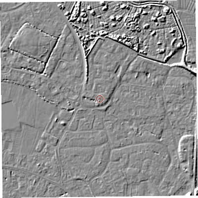 Shaded relief map of the ground around TA93FD, computed from Environment Agency LiDAR. The ground here sits at about 6 m above sea level and falls 7 m across the surrounding 800 m. Surface water reaching this point runs off ground lying to the south-south-west, 1.5 m higher.