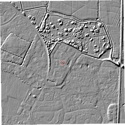 Shaded relief map of the ground around TA93FE, computed from Environment Agency LiDAR. The ground here sits at about 6 m above sea level and falls 7 m across the surrounding 800 m. Surface water reaching this point runs off ground lying to the west-north-west, 2.3 m higher.