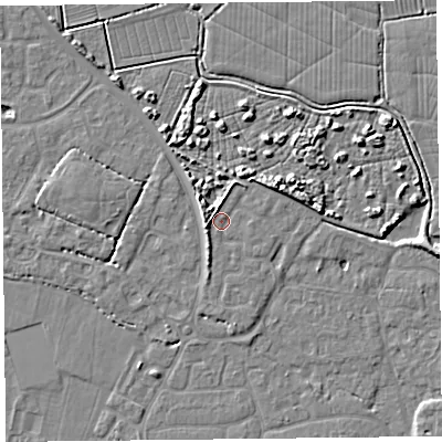 Shaded relief map of the ground around TA93FF, computed from Environment Agency LiDAR. The ground here sits at about 6 m above sea level and falls 5 m across the surrounding 800 m. Surface water reaching this point runs off ground lying to the west-south-west, 2.1 m higher.