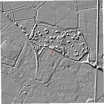 Shaded relief map of the ground around TA93FG, computed from Environment Agency LiDAR. The ground here sits at about 6 m above sea level and falls 7 m across the surrounding 800 m. The ground contributing surface water to this point lies to the south-west.
