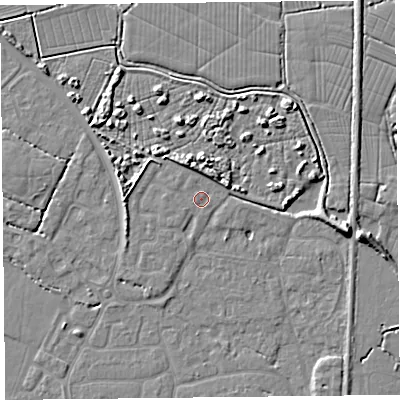 Shaded relief map of the ground around TA93FL, computed from Environment Agency LiDAR. The ground here sits at about 6 m above sea level and falls 7 m across the surrounding 800 m. Surface water reaching this point runs off ground lying to the north-west, 0.7 m higher.