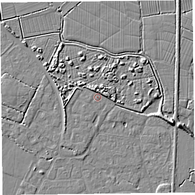 Shaded relief map of the ground around TA93FN, computed from Environment Agency LiDAR. The ground here sits at about 6 m above sea level and falls 7 m across the surrounding 800 m. Surface water reaching this point runs off ground lying to the north-north-west, 2.5 m higher.