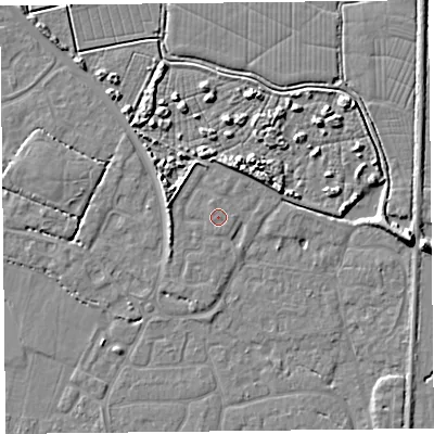 Shaded relief map of the ground around TA93FP, computed from Environment Agency LiDAR. The ground here sits at about 6 m above sea level and falls 7 m across the surrounding 800 m. Surface water reaching this point runs off ground lying to the west-north-west, 2.1 m higher.