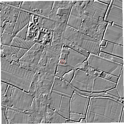 Shaded relief map of the ground around TA93FQ, computed from Environment Agency LiDAR. The ground here sits at about 6 m above sea level and falls 4 m across the surrounding 800 m. Surface water reaching this point runs off ground lying to the east-south-east, 1.2 m higher.