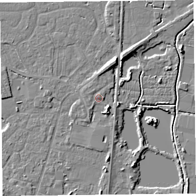 Shaded relief map of the ground around TA93FR, computed from Environment Agency LiDAR. The ground here sits at about 6 m above sea level and falls 8 m across the surrounding 800 m. Surface water reaching this point runs off ground lying to the north-north-east, 5.4 m higher.