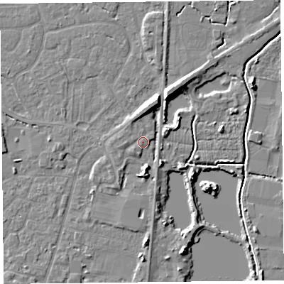 Shaded relief map of the ground around TA93FS, computed from Environment Agency LiDAR. The ground here sits at about 6 m above sea level and falls 8 m across the surrounding 800 m. Surface water reaching this point runs off ground lying to the north-north-east, 5.8 m higher.