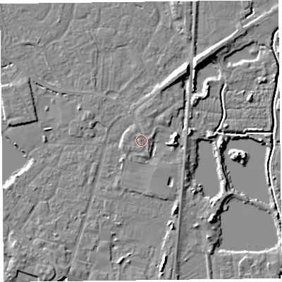 Shaded relief map of the ground around TA93FT, computed from Environment Agency LiDAR. The ground here sits at about 6 m above sea level and falls 8 m across the surrounding 800 m. Surface water reaching this point runs off ground lying to the west, 0.6 m higher.