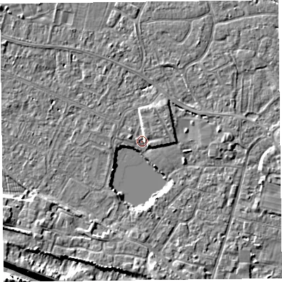 Shaded relief map of the ground around TA93FU, computed from Environment Agency LiDAR. The ground here sits at about 5 m above sea level and falls 10 m across the surrounding 800 m. Surface water reaching this point runs off ground lying to the south, 4.7 m higher.
