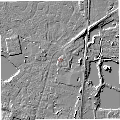 Shaded relief map of the ground around TA93FW, computed from Environment Agency LiDAR. The ground here sits at about 6 m above sea level and falls 8 m across the surrounding 800 m. Surface water reaching this point runs off ground lying to the south-west, 1.2 m higher.