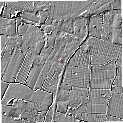 Shaded relief map of the ground around TA93FX, computed from Environment Agency LiDAR. The ground here sits at about 6 m above sea level and falls 7 m across the surrounding 800 m. Surface water reaching this point runs off ground lying to the north, 1.1 m higher.