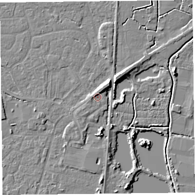 Shaded relief map of the ground around TA93FY, computed from Environment Agency LiDAR. The ground here sits at about 6 m above sea level and falls 8 m across the surrounding 800 m. Surface water reaching this point runs off ground lying to the north-east, 4.4 m higher.